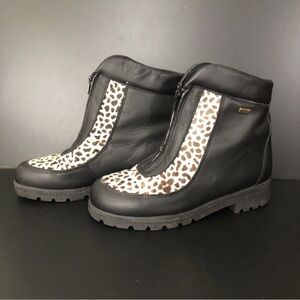 VTG Sorel Zipper Boots Womens 10 Black Leather Leopard Print Y2K 90s Grunge Punk